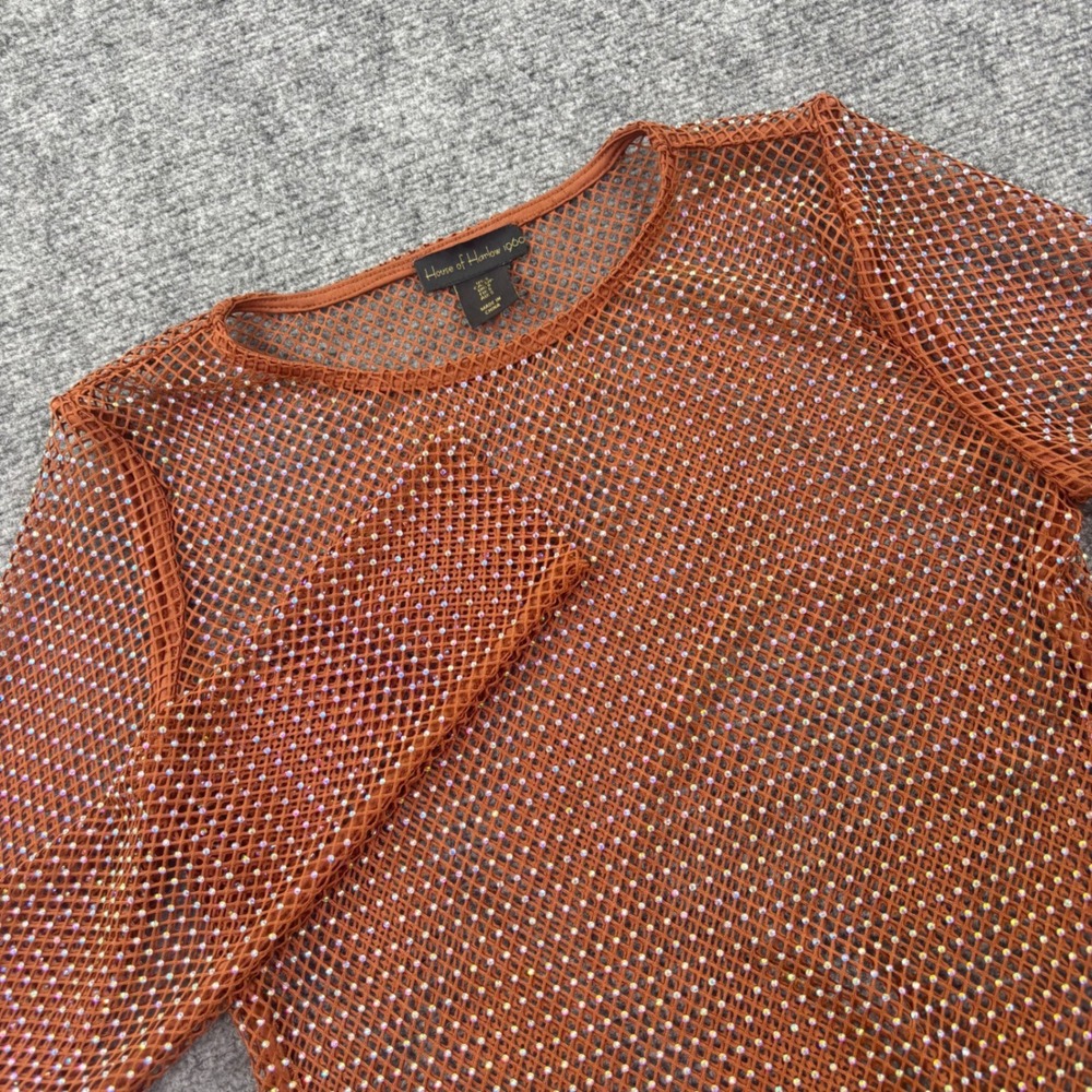 House of Harlow 1960 Top Small Rust‎ Rhinestone Mesh Long Sleeve Womens